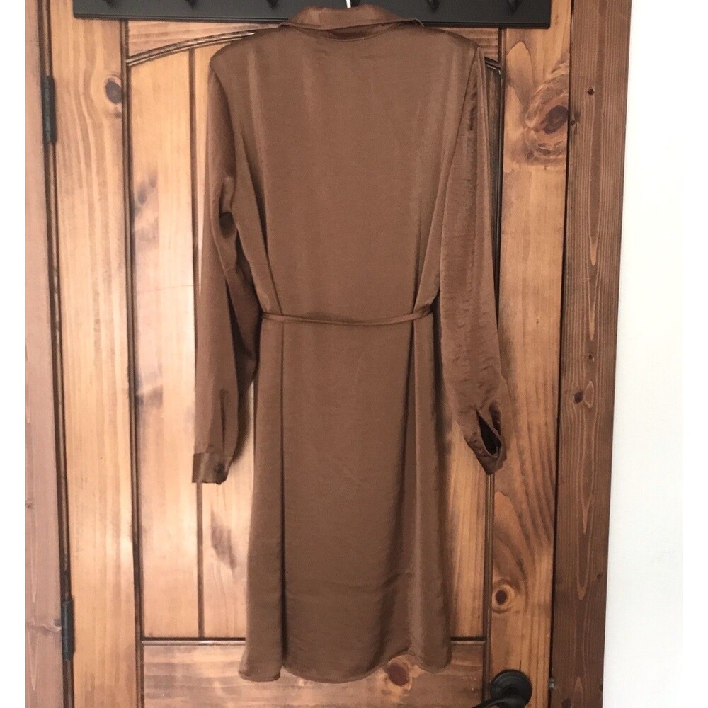 NWT Lucky Brand Long Sleeve Satin Shirtdress Pecan Pie Brown Tie Belt Dress SZ S - Picture 3 of 12